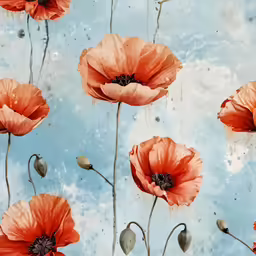 several poppys in a field and sky background
