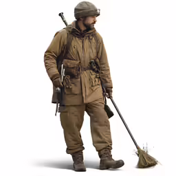 a person wearing winter clothes and holding a broom