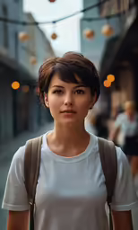 a young woman wearing a backpack is looking at the camera