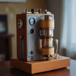 a small old style camera on a wood base
