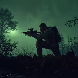 a man with a rifle is in the middle of a forest at night