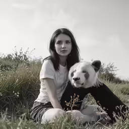 the woman is sitting next to a giant panda