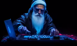 a man with long white beard and wearing a blue hat