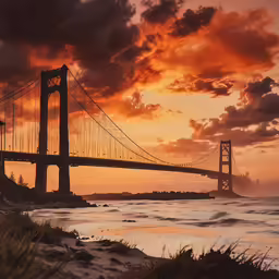 a large bridge with a sunset behind it