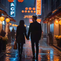 the couple is holding hands as they walk in the rain