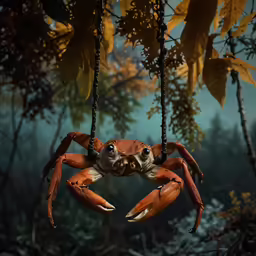 a large crab hanging from a tree branch