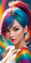 a woman with rainbow hair in a multicolored dress