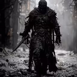 a man dressed in black holding an axe in the woods