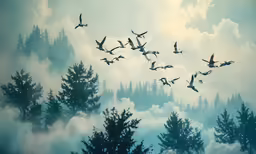 a flock of birds flying through a cloudy blue sky