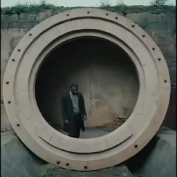 the man is walking in the cement tunnel