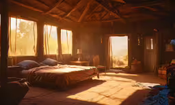 an empty bedroom with two beds sitting next to windows,a bedroom with sunlight shining through the windows