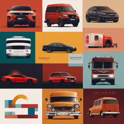 six pictures show several different cars in red, white, blue, orange and green,a group of different colored vehicles on a grid