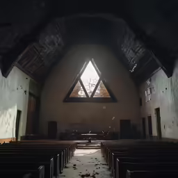 looking down the inside of an abandoned church