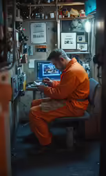 a man in orange suit sitting at table with computer monitor and laptop