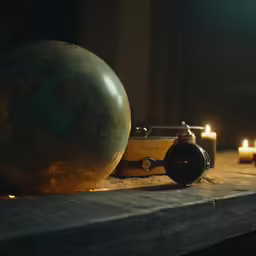 some candles candles light a black and brown globe