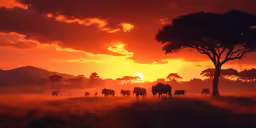 many animals are gathered in a field while the sun is setting