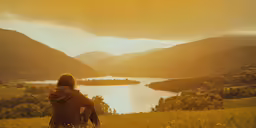 man in sweater looking at scenic mountain scene with lake