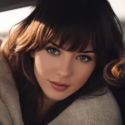 a close up photo of a woman with bangs