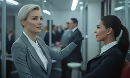 two people in an office setting one woman touching the other