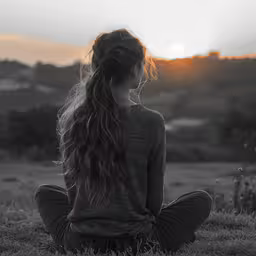 a woman is sitting on the grass with her back to the camera,the woman is sitting in the grass looking at the sun