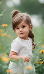 a young girl is standing among the wild flowers