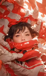 a woman that is under red white and black kite