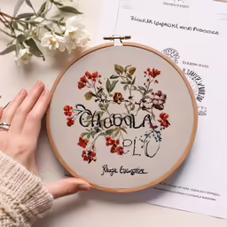 embroidered floral frame with name and address, being held up to show