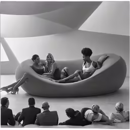 several women in bathing suits sit on a beanbag and talk