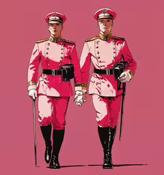 two men in uniforms walk next to each other,a couple of people that are wearing some red uniforms