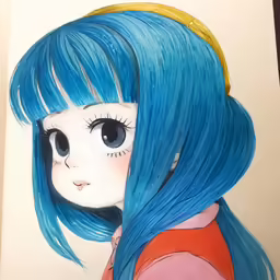 a little blue doll is staring at something in the distance