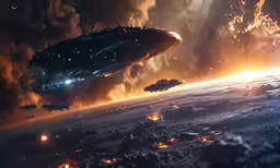 a sci - fi film scene with a giant spaceship in space