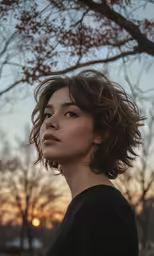 an attractive young woman with shoulder length bangs in front of a tree