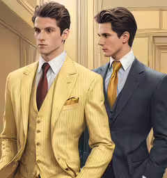 two men wearing suits stand side by side,two men dressed in suits looking at something