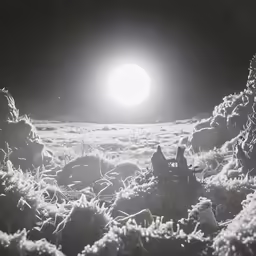 a view of the moon through a snowy hill