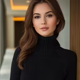 a beautiful woman in black sweater posing for the camera
