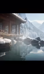 a body of water surrounded by snow covered mountains