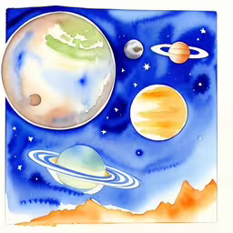 an image of a blue art print with planets,watercolor painting of the solar system