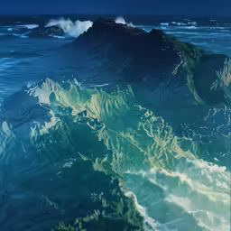 a green mountain in the middle of a body of water