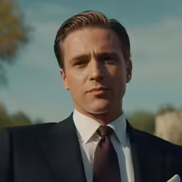 a man in a suit stands outside
