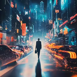 a man walks down a dark city street at night