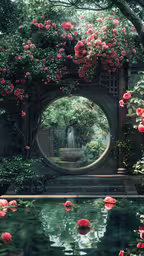 a fountain in the middle of a garden with roses around,a pond with flowers around it in the center of it