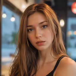 a beautiful woman standing by a window in front of a building