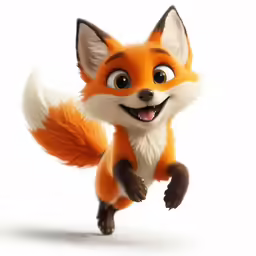 the animated red fox is jumping with a big smile