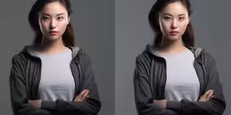 a young woman posing for a studio portrait with her arms folded,two identical images of a woman in a grey top