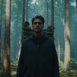 a man stands in the middle of a forest filled with trees