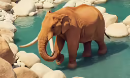 a large elephant walking through a pool of water