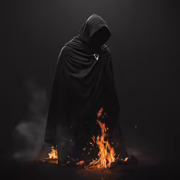 a dark hooded person in a cape standing around a fire