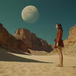 a woman is standing alone in the desert