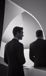 two men in tuxedos looking at each other in black and white