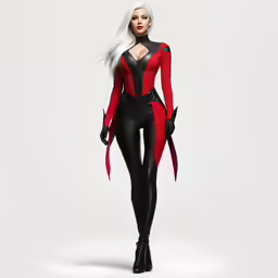 a woman in a red and black catwoman costume